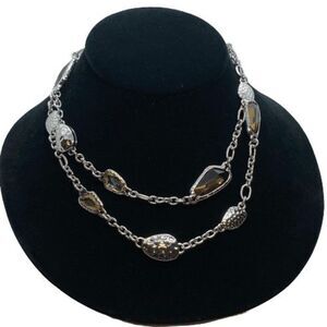Chico's Long 34" Silver Tone & Brown Rhinestone Statement Necklace